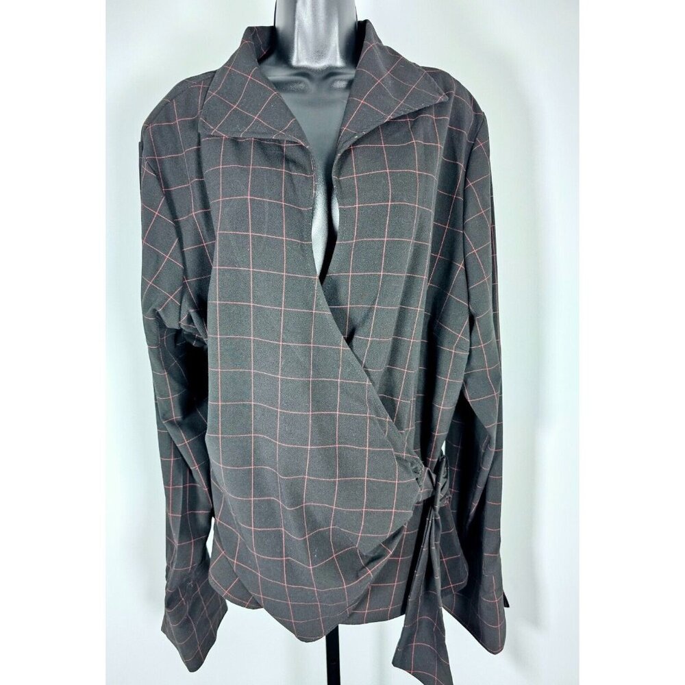 Ashley Stewart Faux Wrap Long Sleeve Black/Pink checked Top-SZ 20